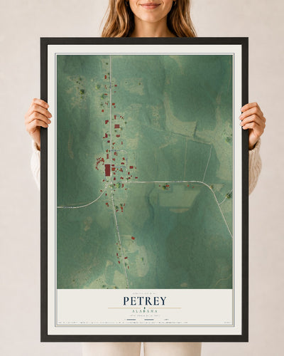 Map of Petrey, Alabama, 24 x 36 inch print in a black wood frame