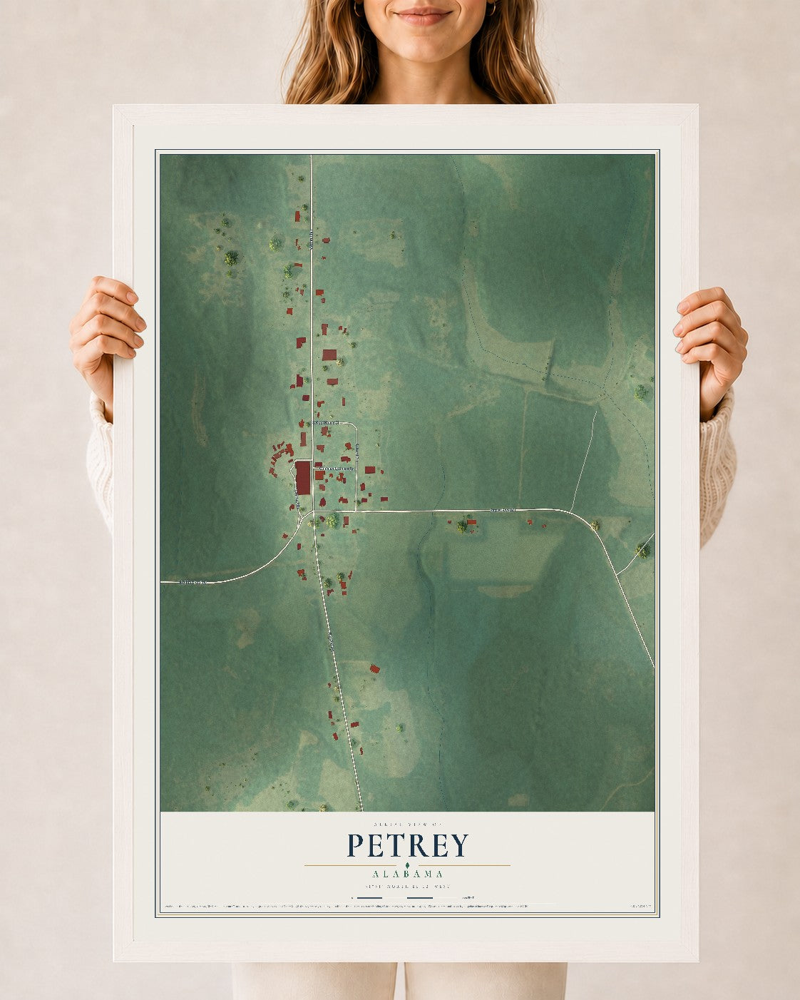 Map of Petrey, Alabama, 24 x 36 inch print in a white wood frame
