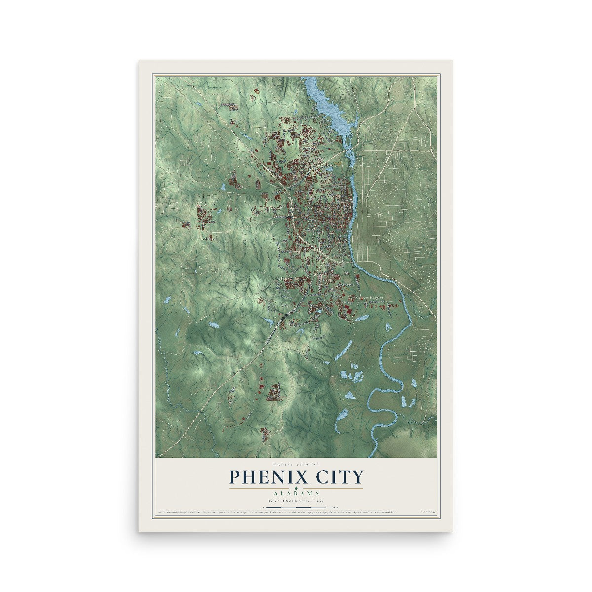 Map of Phenix City, Alabama, 12 x 18 inch unframed archival matte print
