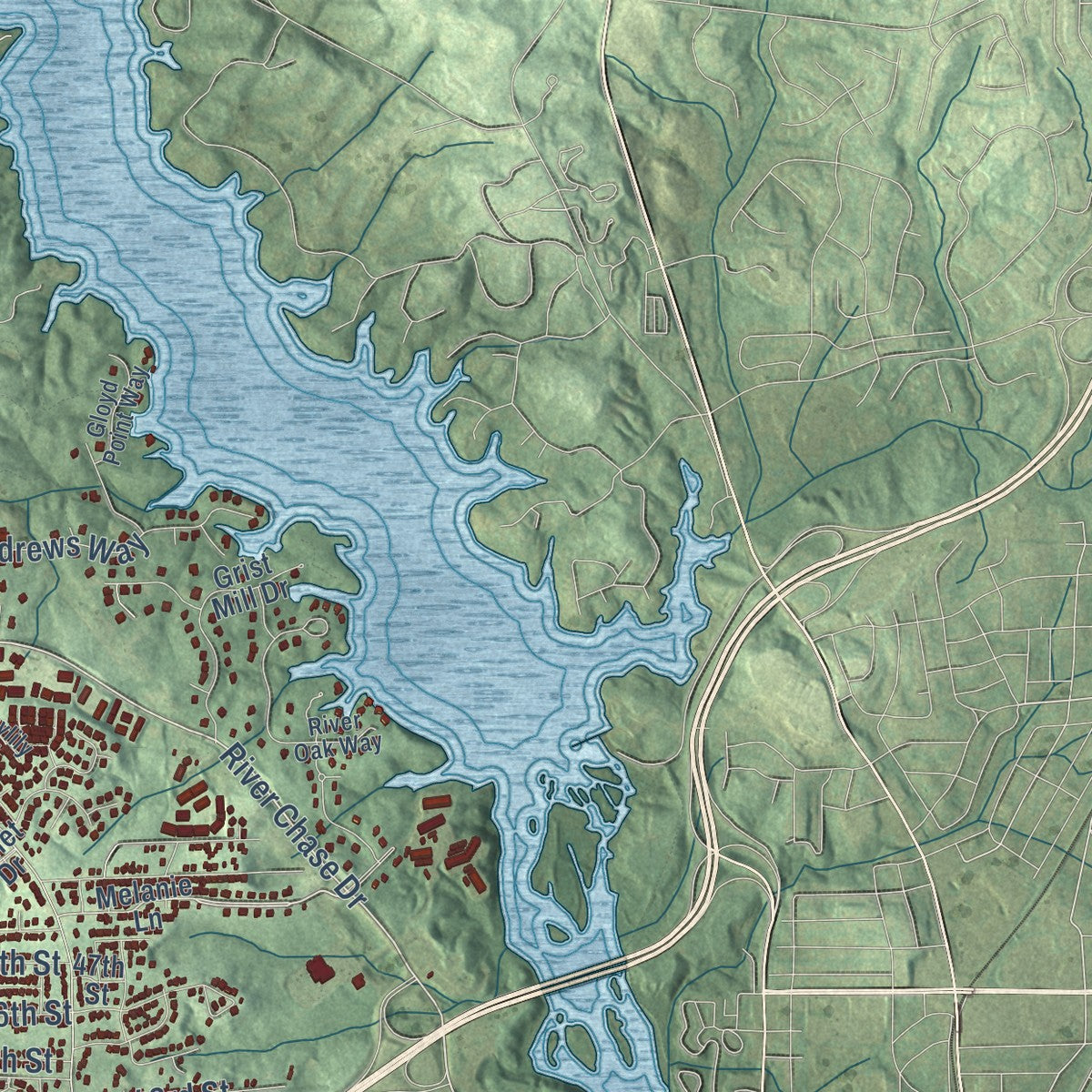 Second close-up of the map of Phenix City, Alabama print showing more streets and buildings