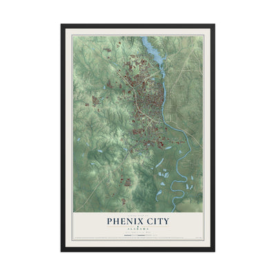 Map of Phenix City, Alabama, 12 x 18 inch print in a black wood frame