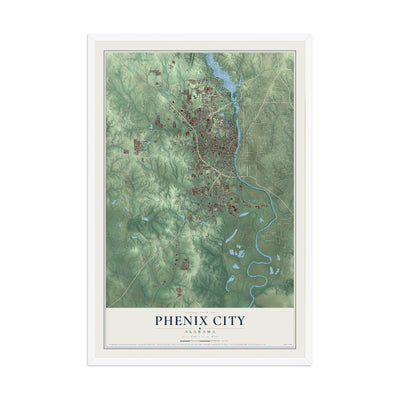 Map of Phenix City, Alabama, 12 x 18 inch print in a white wood frame