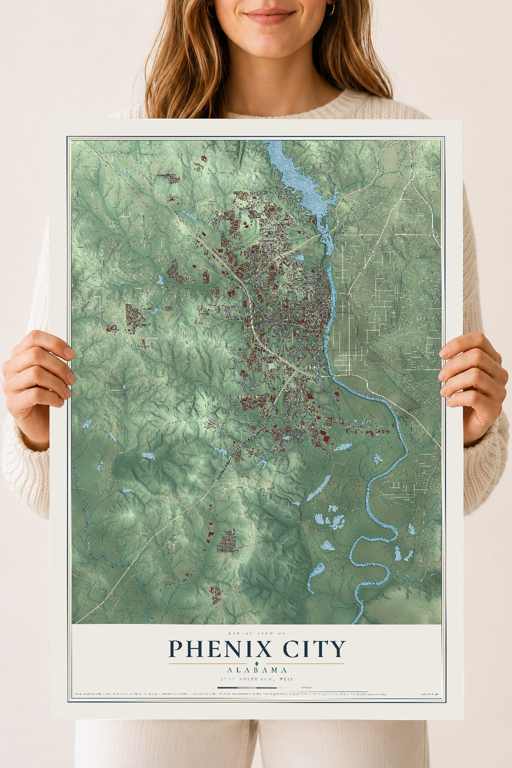Map of Phenix City, Alabama, 18 x 24 inch unframed archival matte print