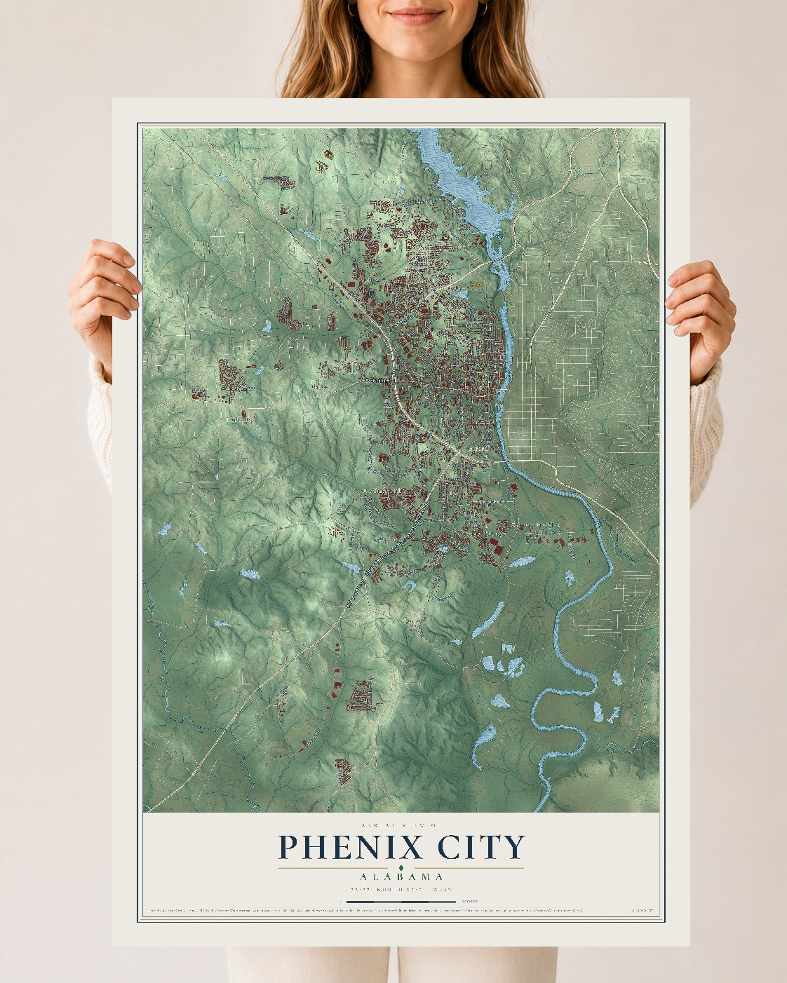 Map of Phenix City, Alabama, 24 x 36 inch unframed archival matte print