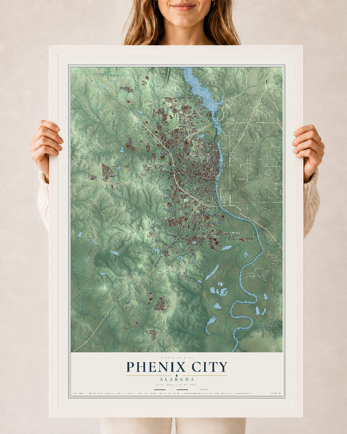 Map of Phenix City, Alabama, 24 x 36 inch print in a white wood frame