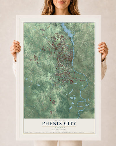 Map of Phenix City, Alabama, 24 x 36 inch print in a white wood frame