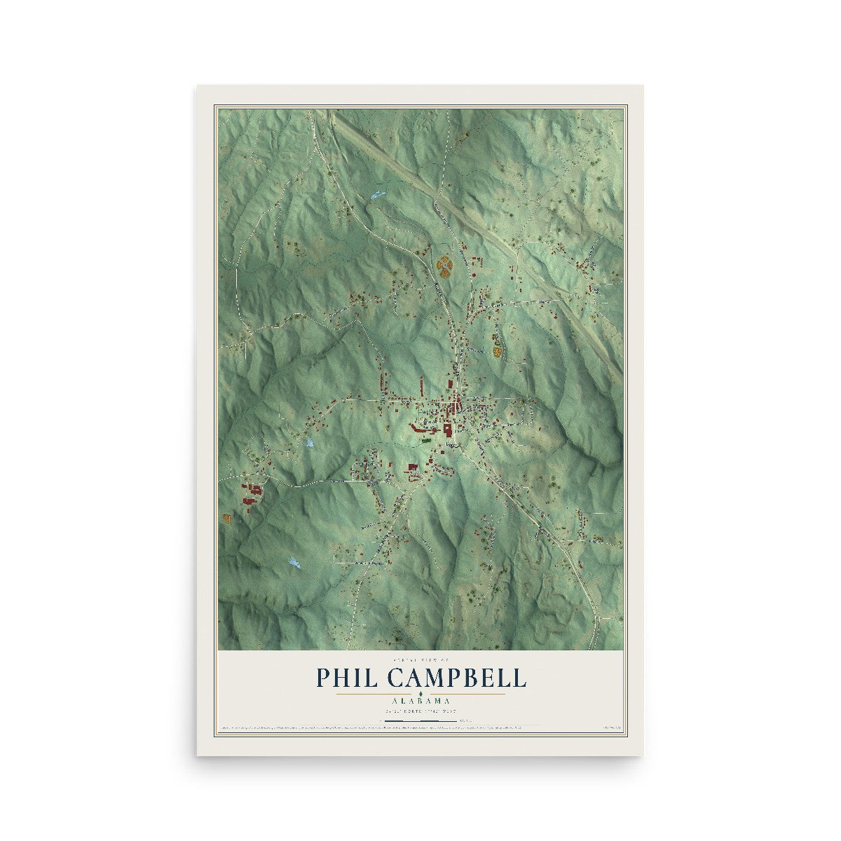 Map of Phil Campbell, Alabama, 12 x 18 inch unframed archival matte print