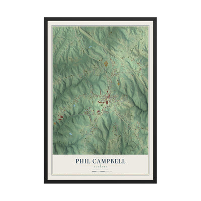 Map of Phil Campbell, Alabama, 12 x 18 inch print in a black wood frame