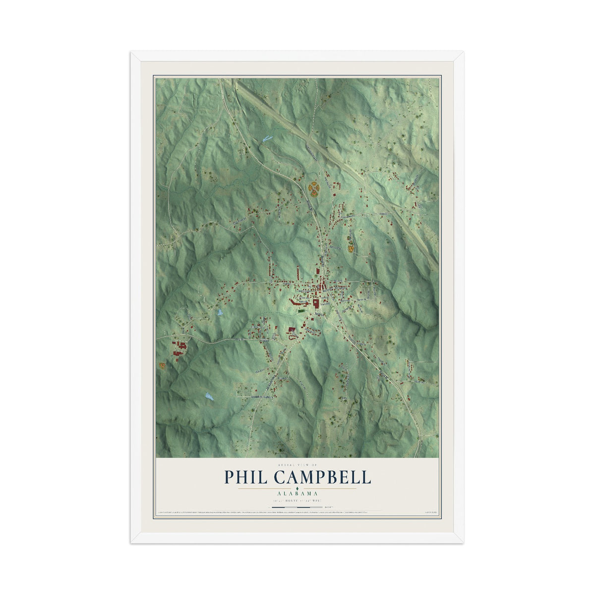 Map of Phil Campbell, Alabama, 12 x 18 inch print in a white wood frame