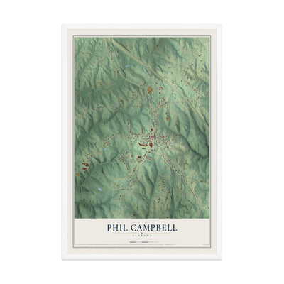 Map of Phil Campbell, Alabama, 12 x 18 inch print in a white wood frame