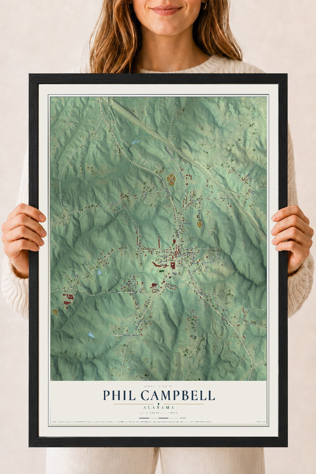 Map of Phil Campbell, Alabama, 18 x 24 inch print in a black wood frame
