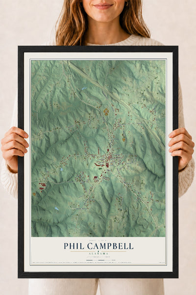 Map of Phil Campbell, Alabama, 18 x 24 inch print in a black wood frame