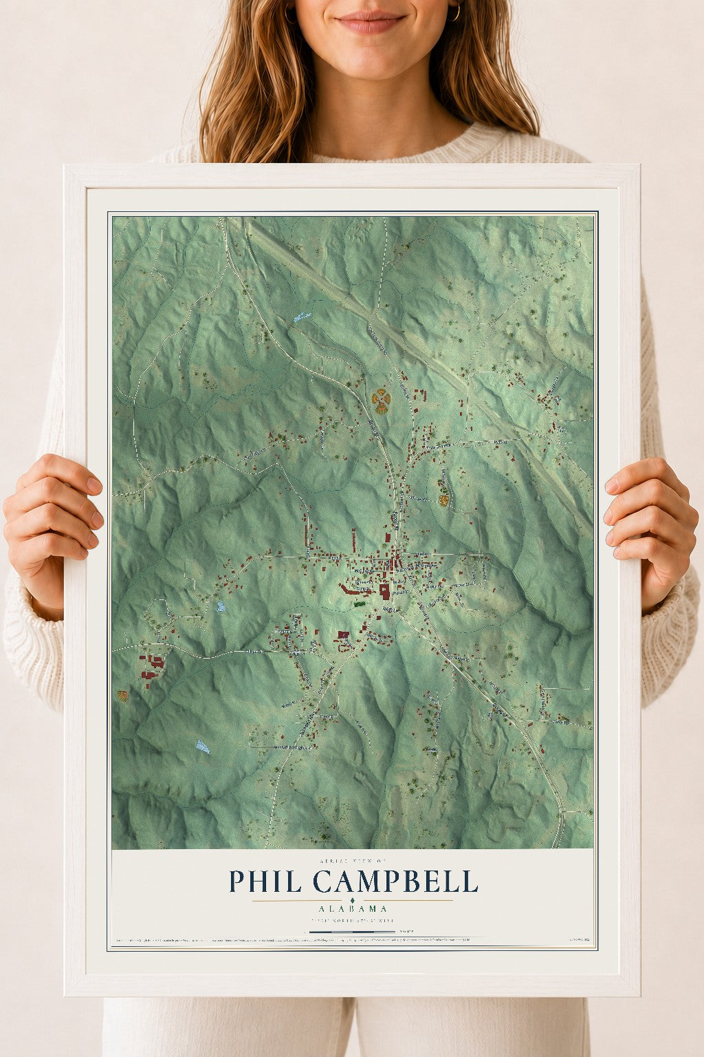 Map of Phil Campbell, Alabama, 18 x 24 inch print in a white wood frame