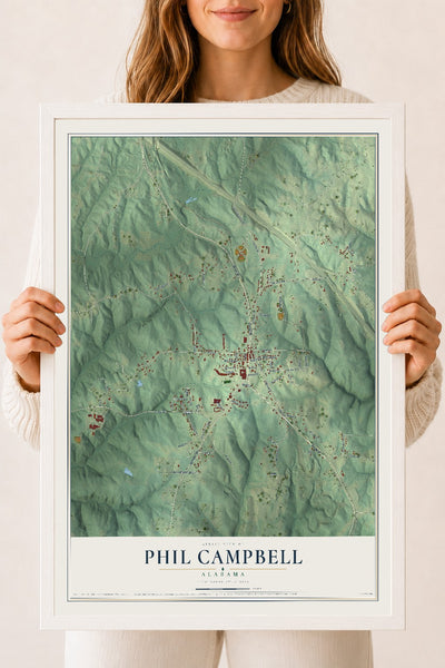 Map of Phil Campbell, Alabama, 18 x 24 inch print in a white wood frame