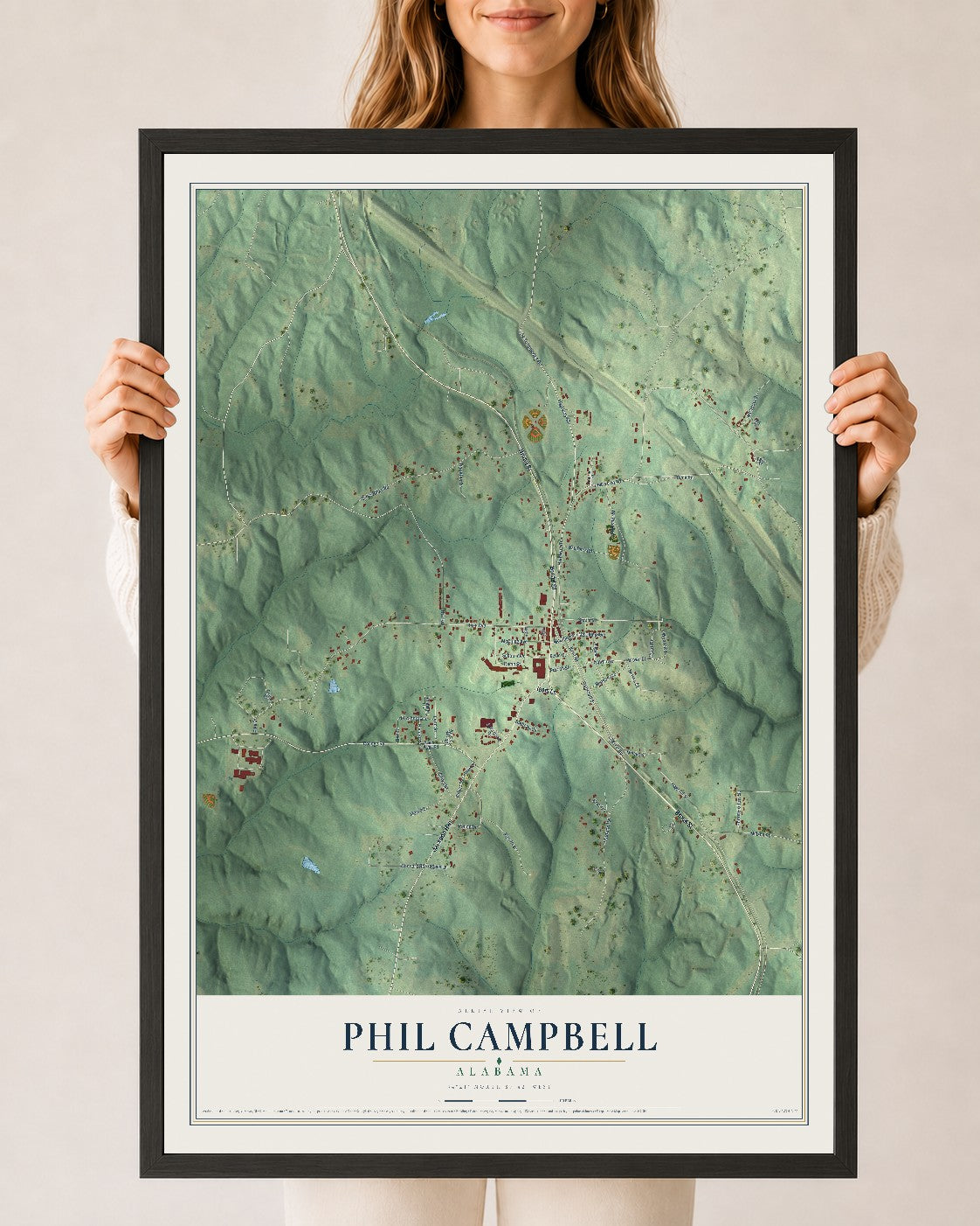 Map of Phil Campbell, Alabama, 24 x 36 inch print in a black wood frame