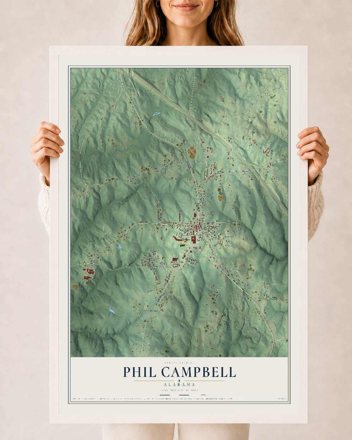 Map of Phil Campbell, Alabama, 24 x 36 inch print in a white wood frame