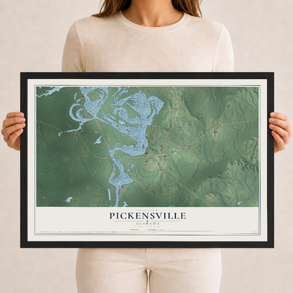 Map of Pickensville, Alabama, 12 x 18 inch print in a black wood frame