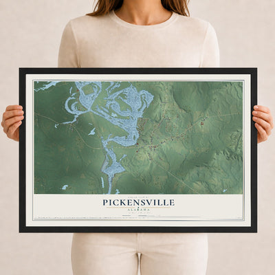 Map of Pickensville, Alabama, 12 x 18 inch print in a black wood frame