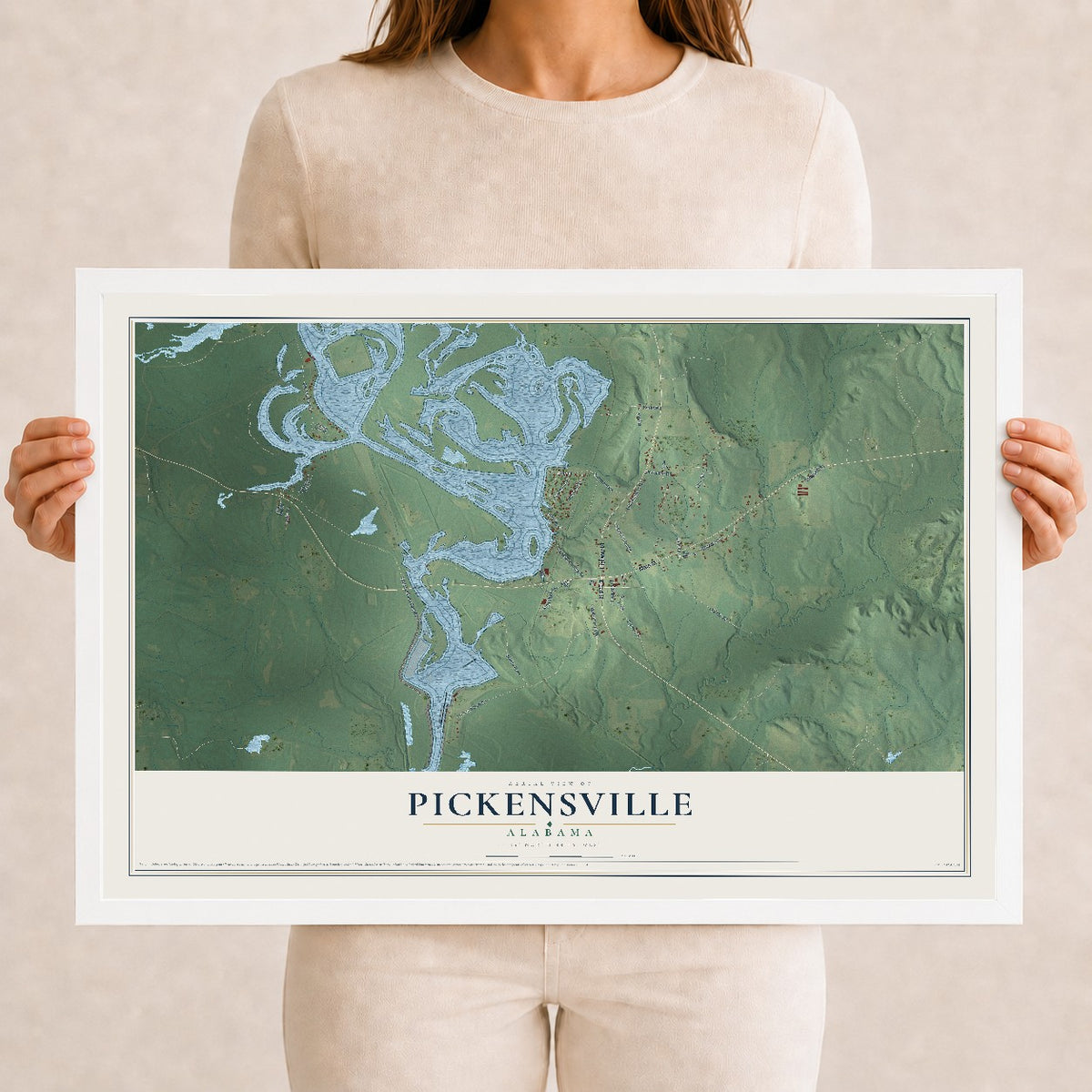Map of Pickensville, Alabama, 12 x 18 inch print in a white wood frame