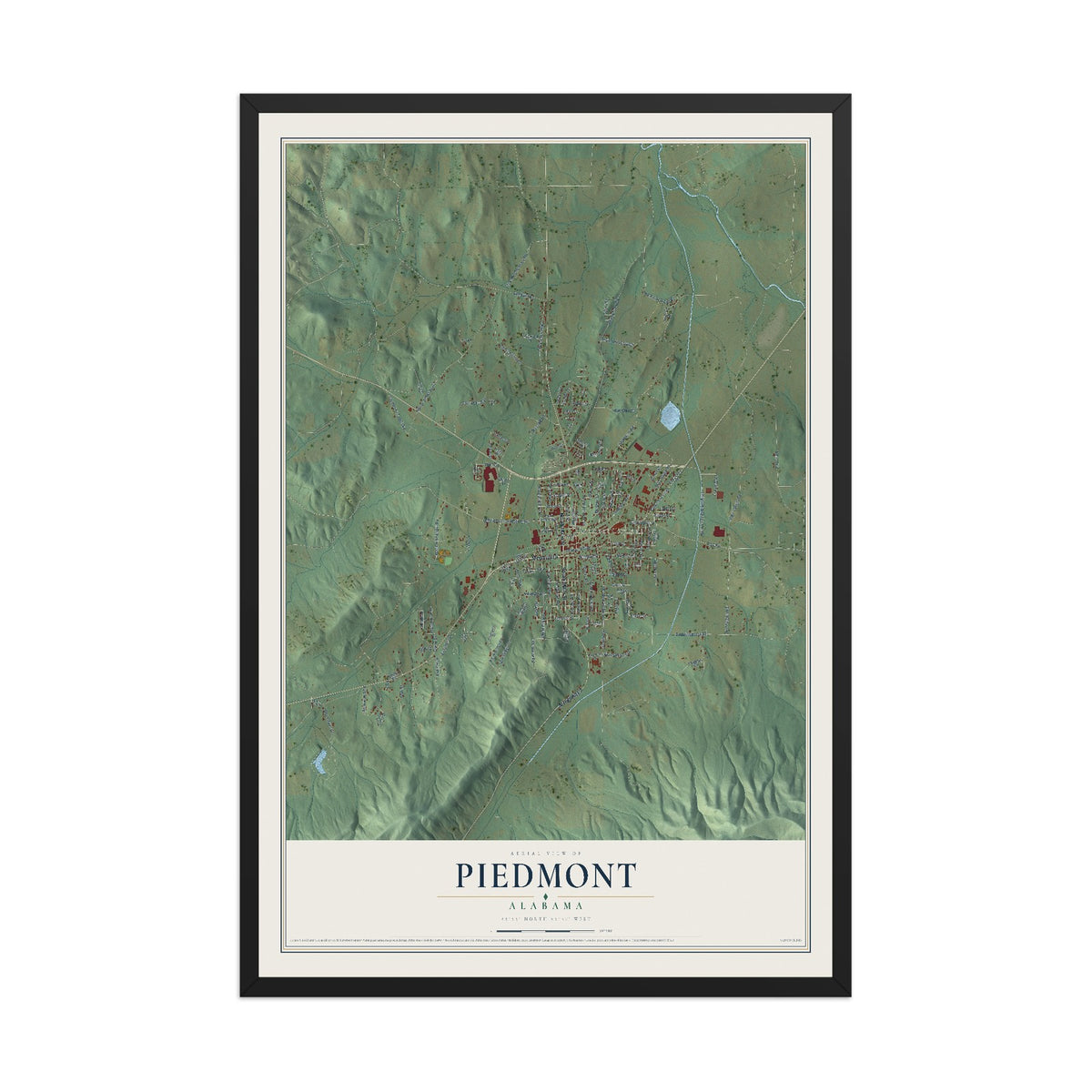 Map of Piedmont, Alabama, 12 x 18 inch print in a black wood frame