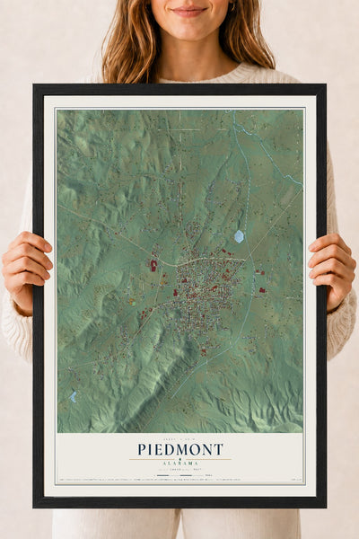 Map of Piedmont, Alabama, 18 x 24 inch print in a black wood frame