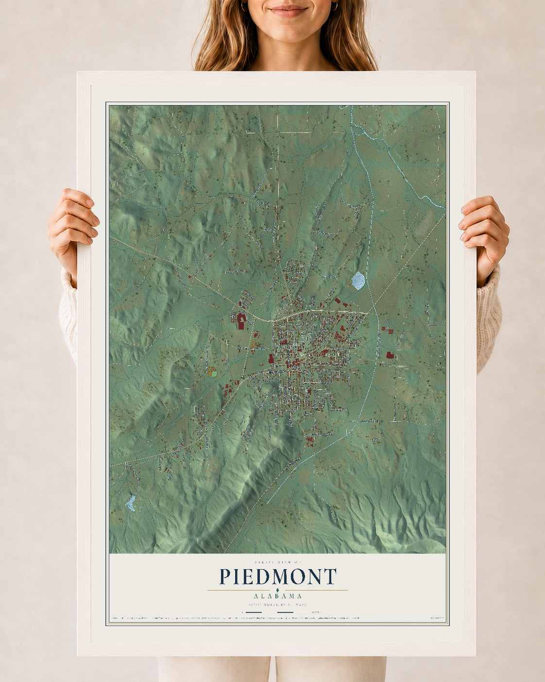 Map of Piedmont, Alabama, 24 x 36 inch print in a white wood frame