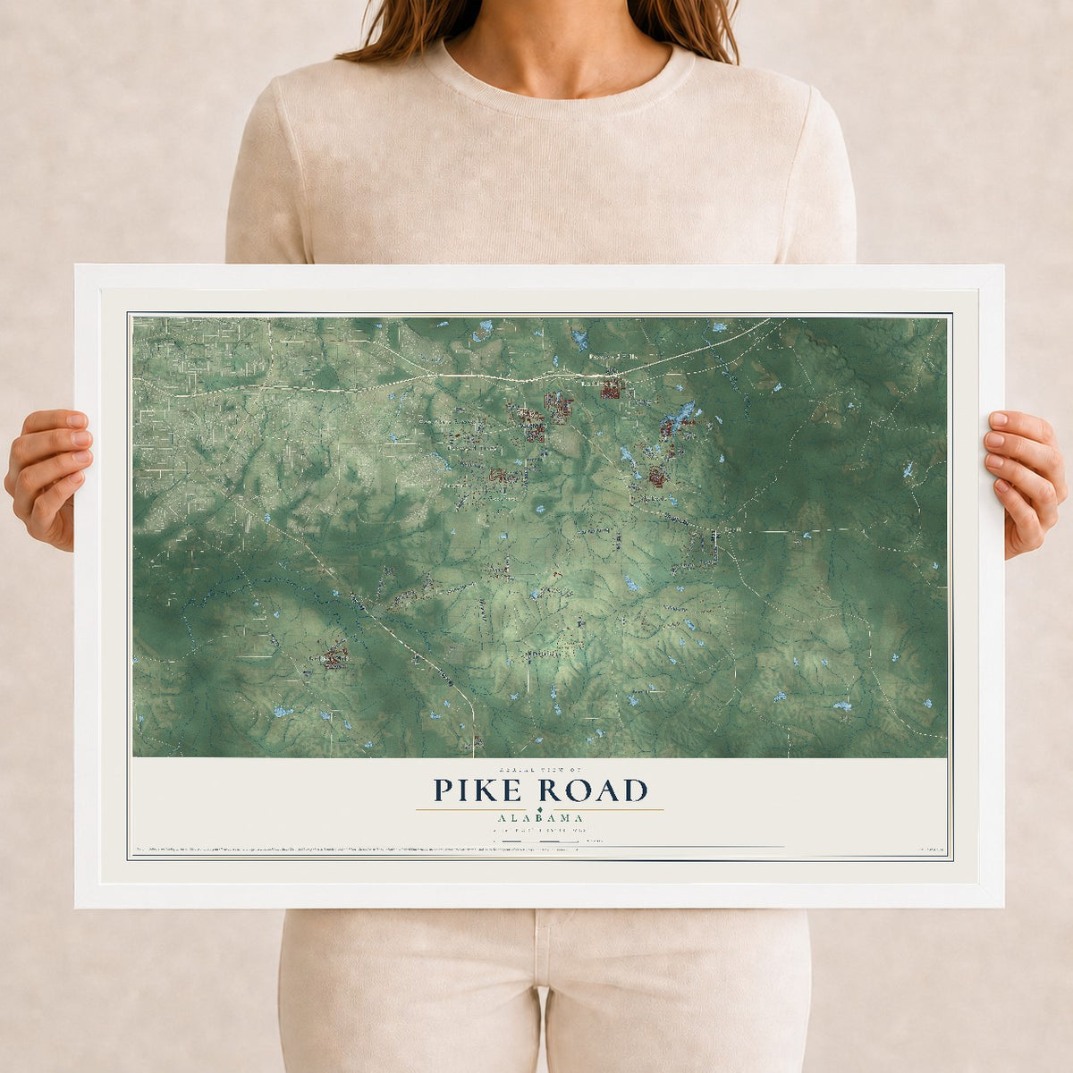 Map of Pike Road, Alabama, 12 x 18 inch print in a white wood frame