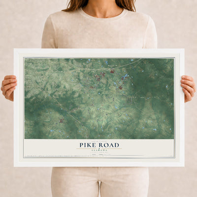 Map of Pike Road, Alabama, 12 x 18 inch print in a white wood frame