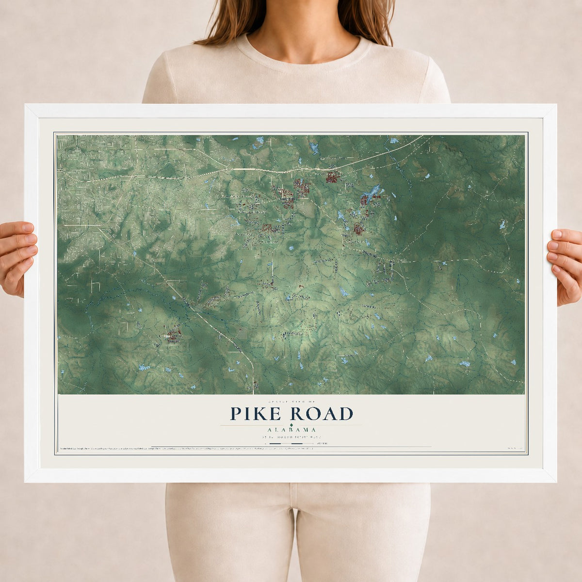 Map of Pike Road, Alabama, 18 x 24 inch print in a white wood frame
