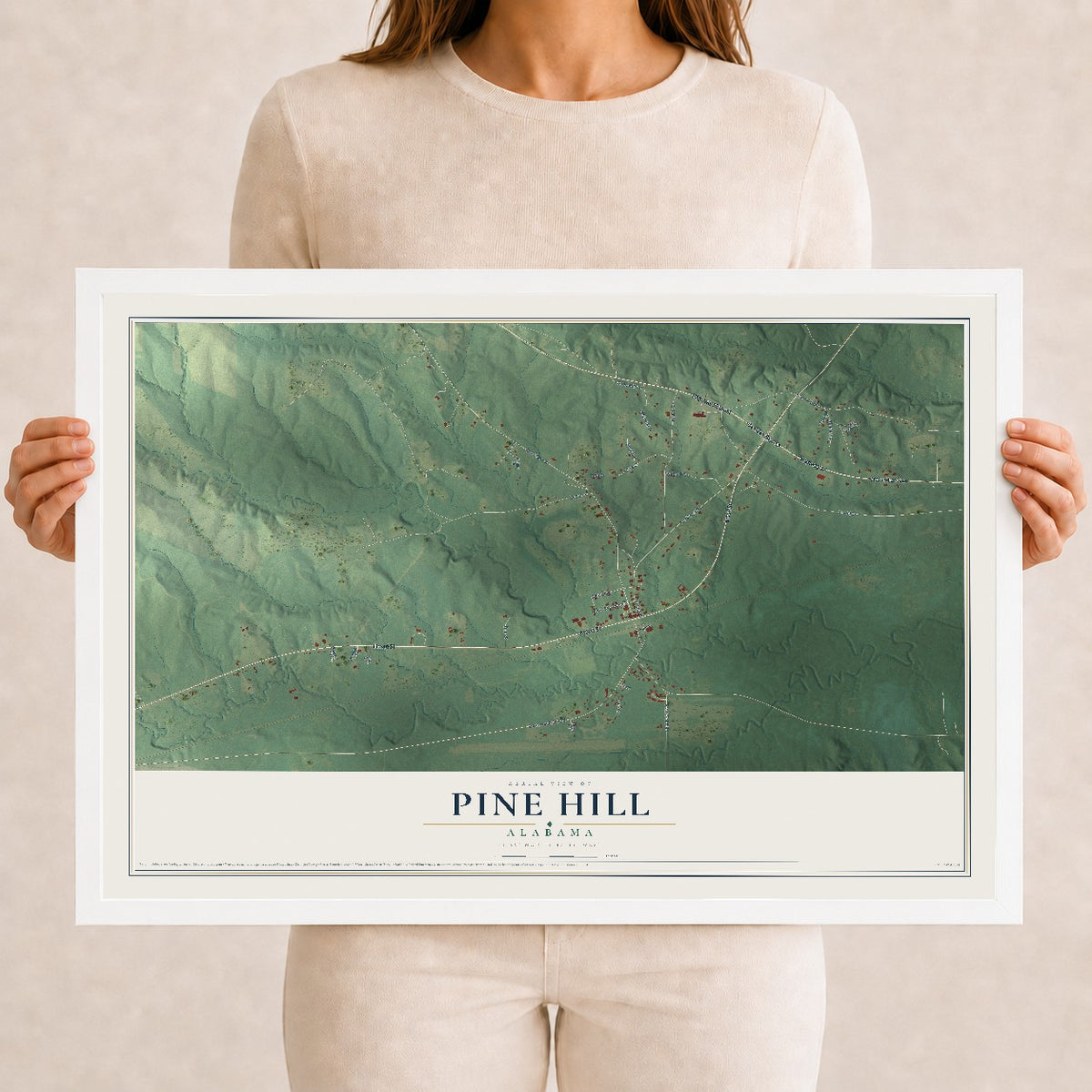 Map of Pine Hill, Alabama, 12 x 18 inch print in a white wood frame