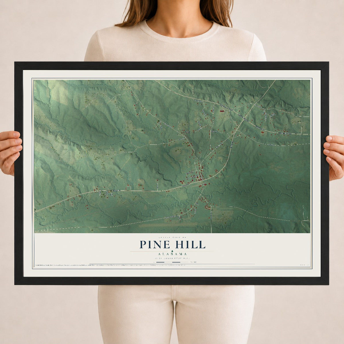 Map of Pine Hill, Alabama, 18 x 24 inch print in a black wood frame