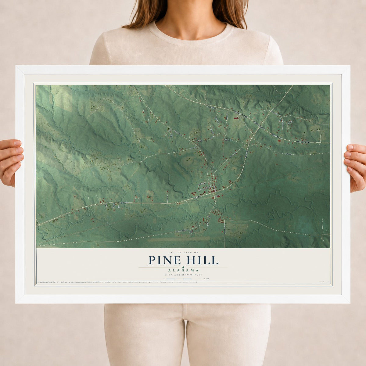 Map of Pine Hill, Alabama, 18 x 24 inch print in a white wood frame