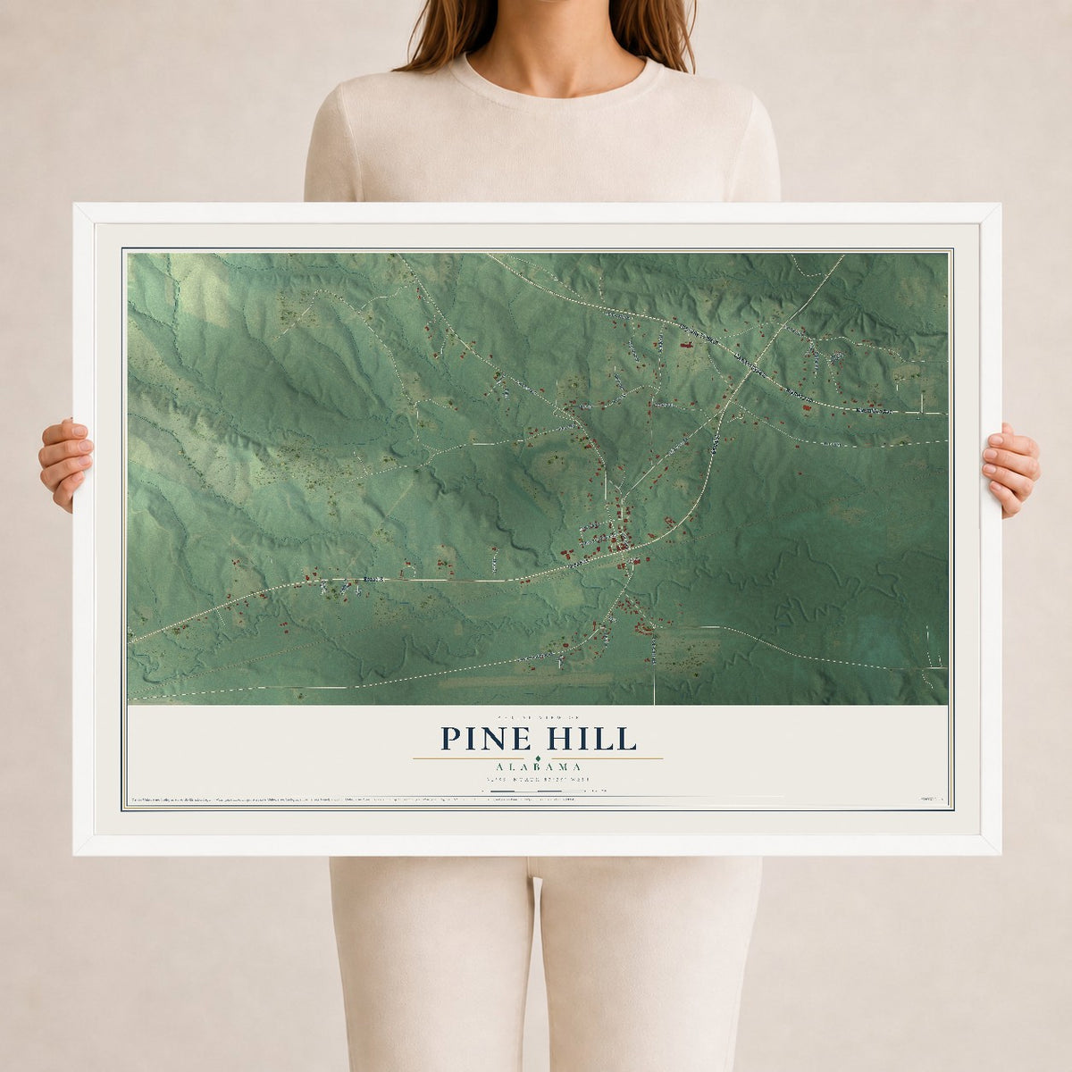 Map of Pine Hill, Alabama, 24 x 36 inch print in a white wood frame