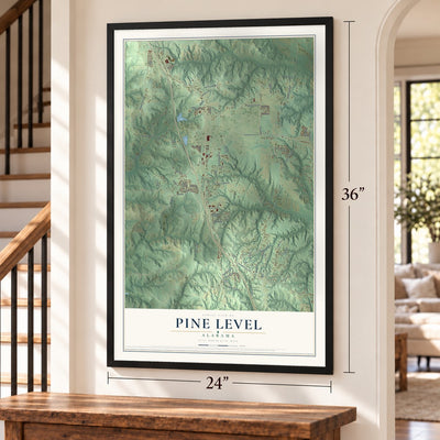 Pine Level, Alabama map, 24 x 36 inch print in a black frame by a staircase