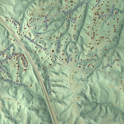 Close-up of the map of Pine Level, Alabama print showing street and building detail