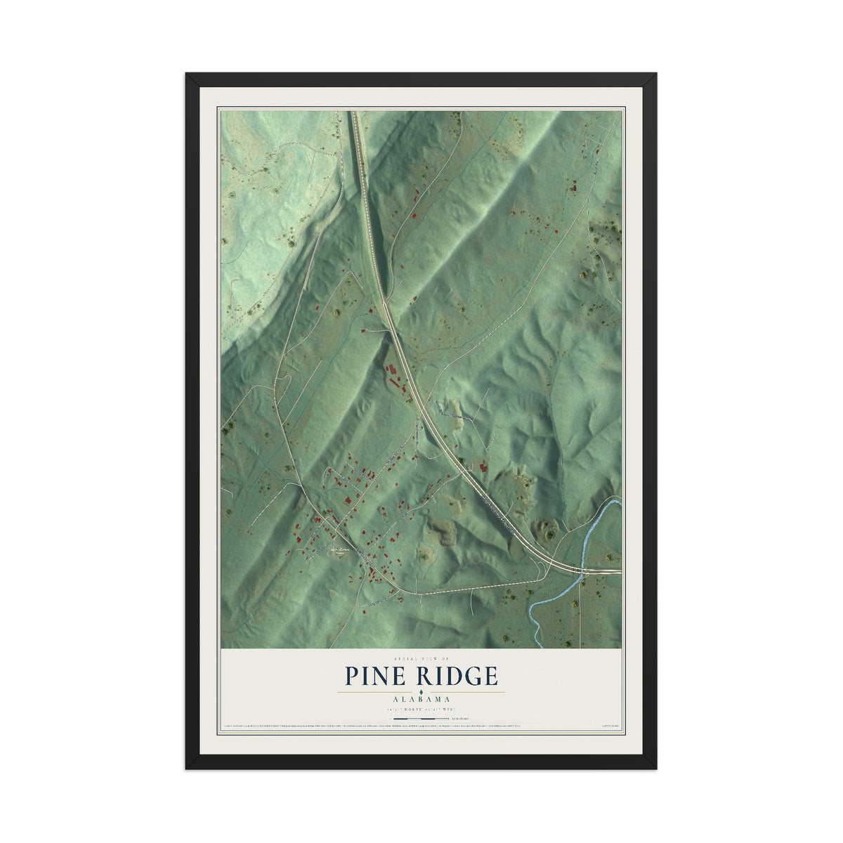 Map of Pine Ridge, Alabama, 12 x 18 inch print in a black wood frame