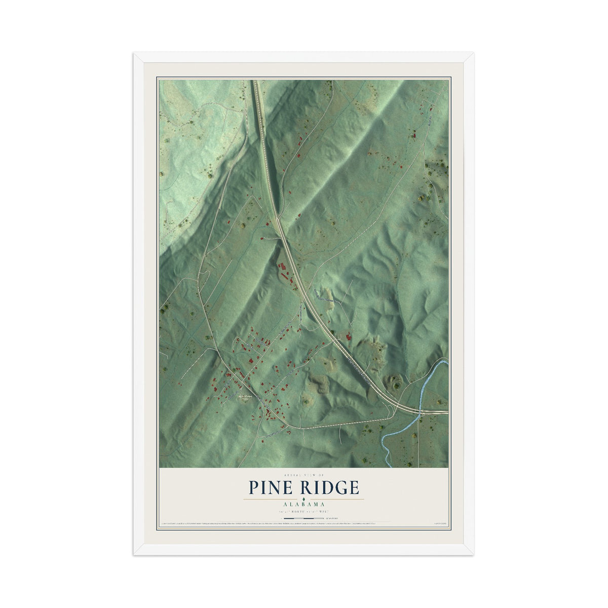 Map of Pine Ridge, Alabama, 12 x 18 inch print in a white wood frame