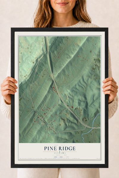 Map of Pine Ridge, Alabama, 18 x 24 inch print in a black wood frame