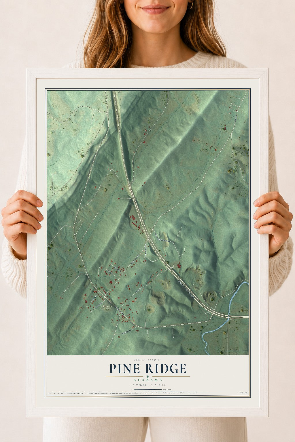 Map of Pine Ridge, Alabama, 18 x 24 inch print in a white wood frame
