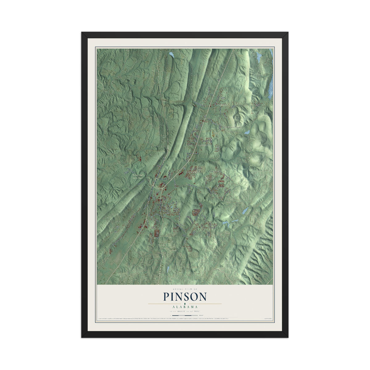 Map of Pinson, Alabama, 12 x 18 inch print in a black wood frame