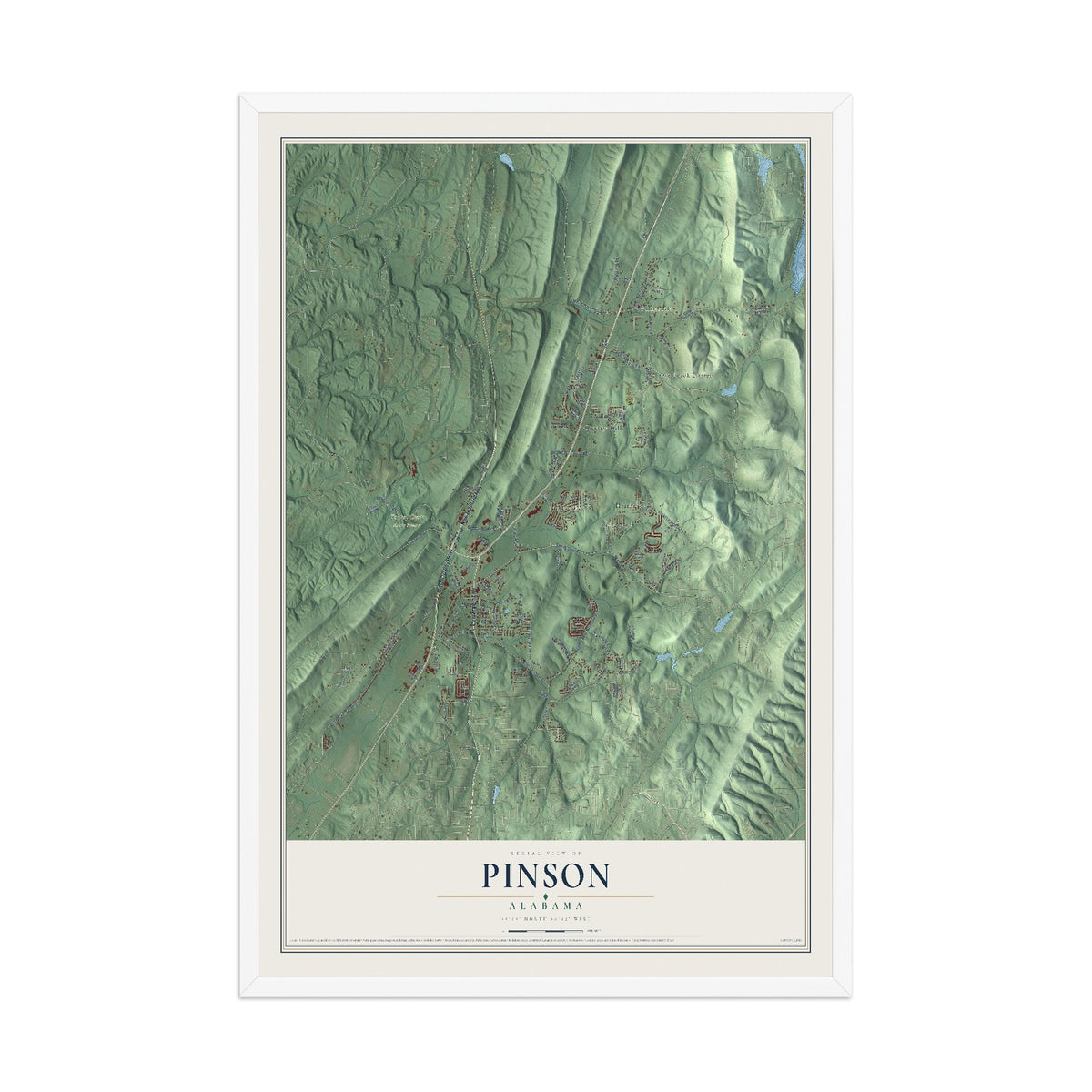 Map of Pinson, Alabama, 12 x 18 inch print in a white wood frame