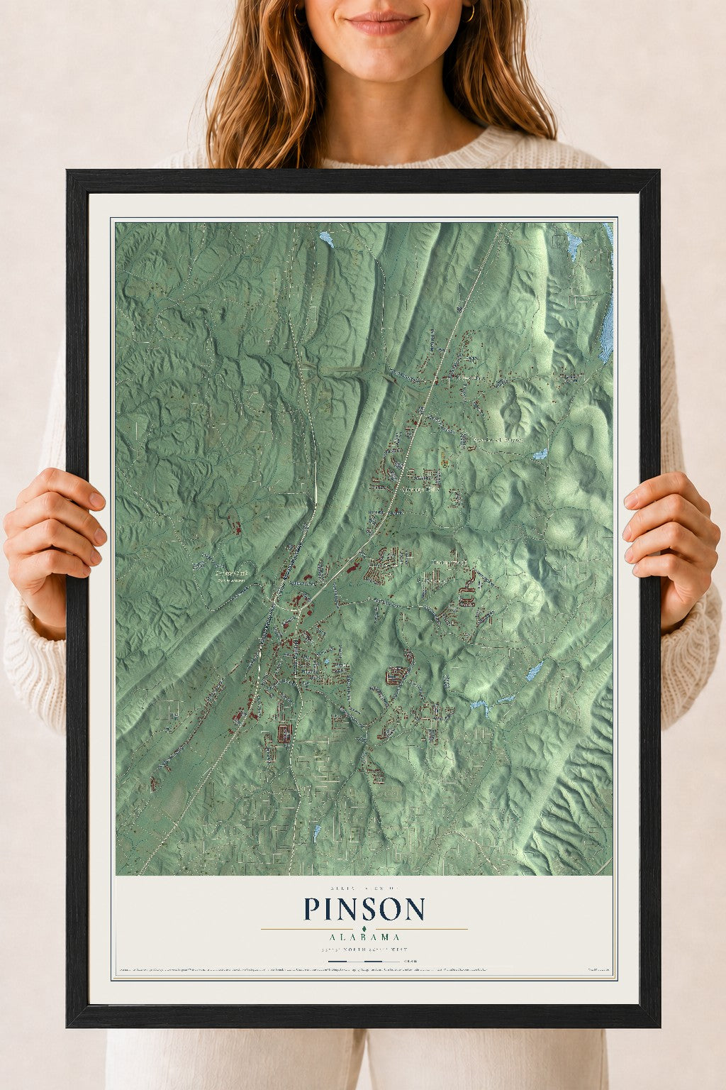 Map of Pinson, Alabama, 18 x 24 inch print in a black wood frame