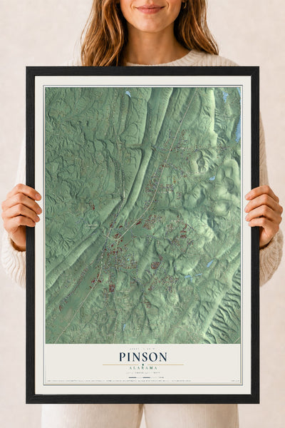 Map of Pinson, Alabama, 18 x 24 inch print in a black wood frame