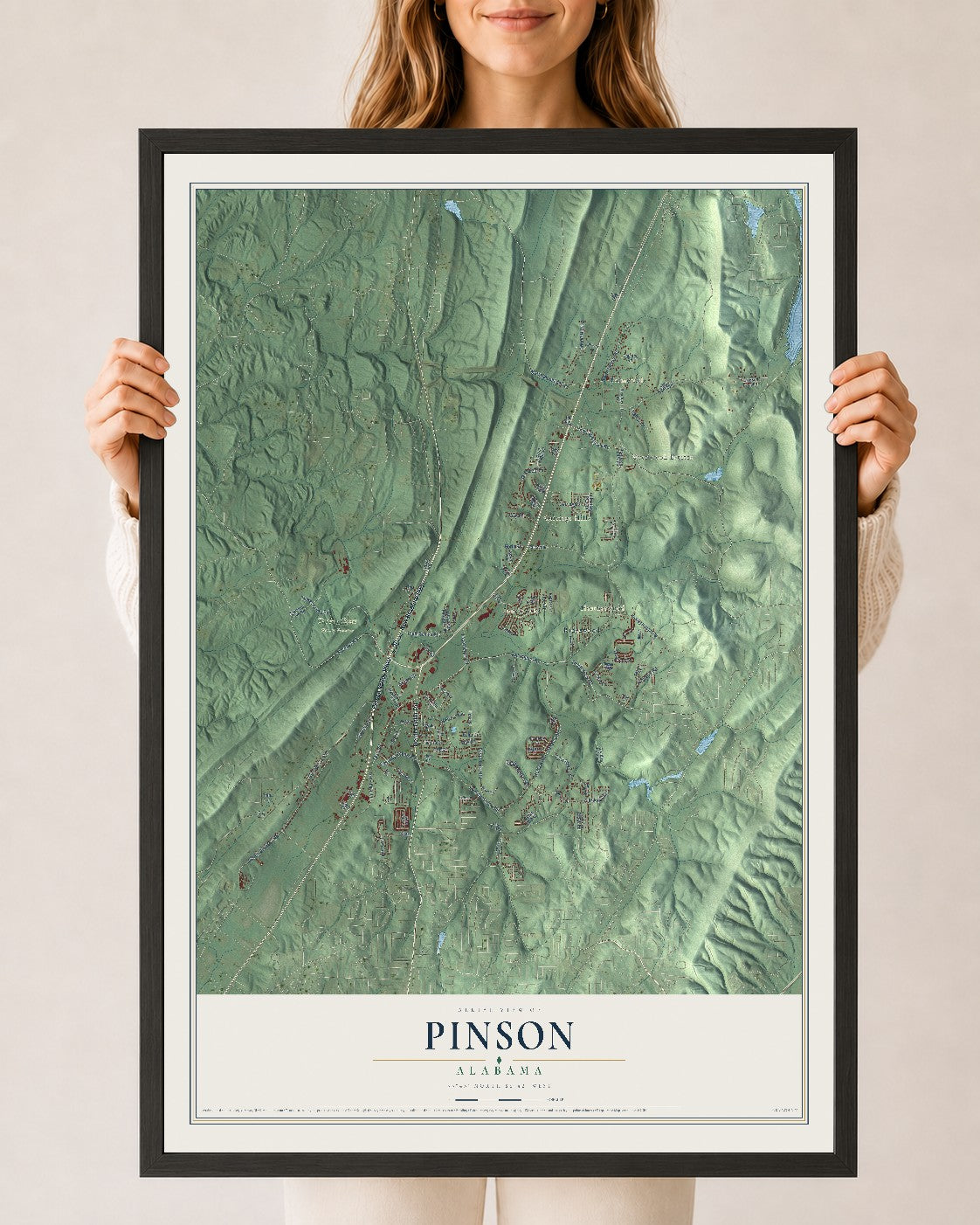 Map of Pinson, Alabama, 24 x 36 inch print in a black wood frame