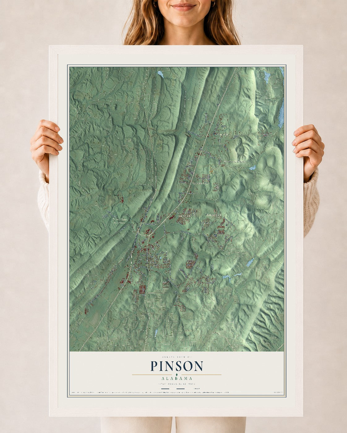 Map of Pinson, Alabama, 24 x 36 inch print in a white wood frame