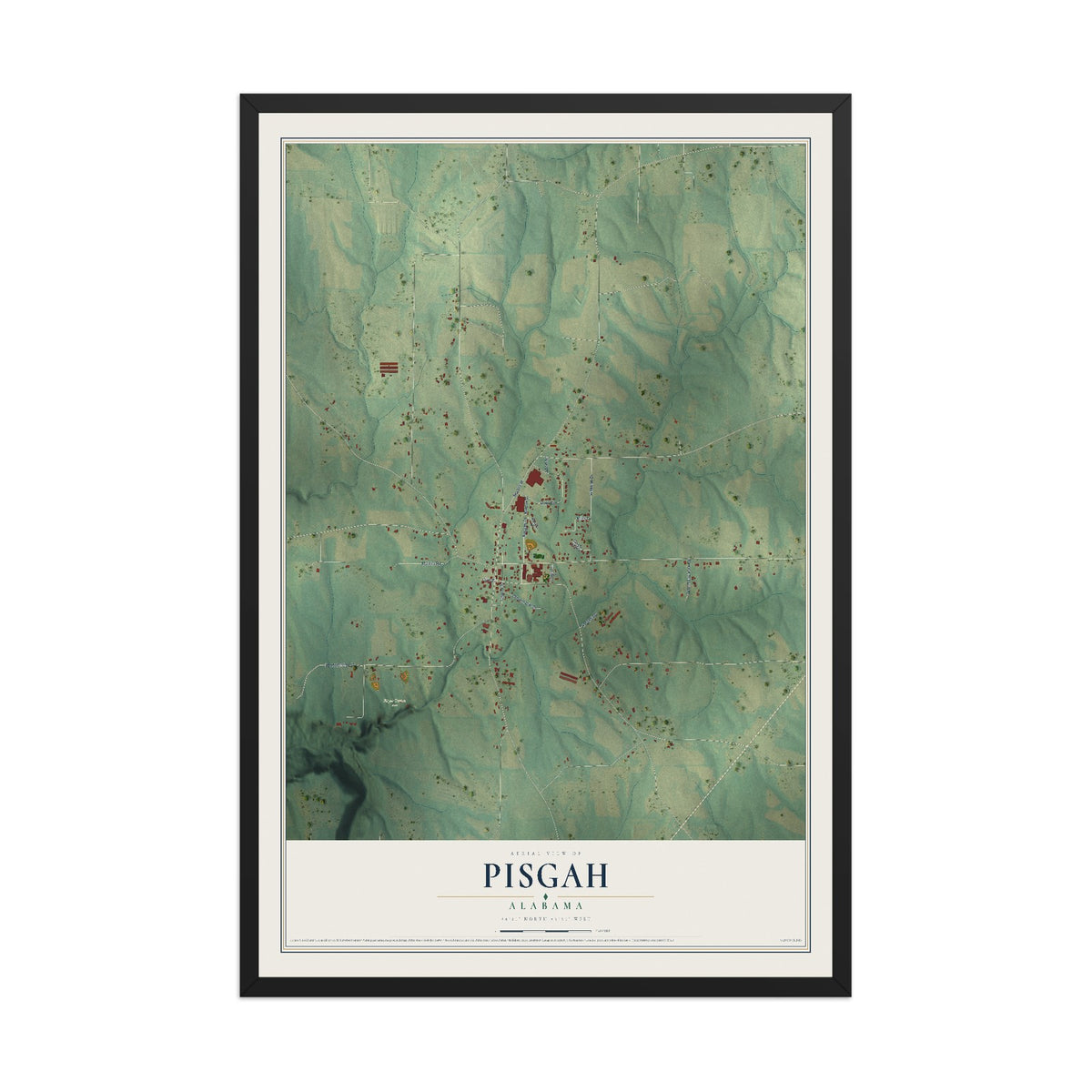 Map of Pisgah, Alabama, 12 x 18 inch print in a black wood frame