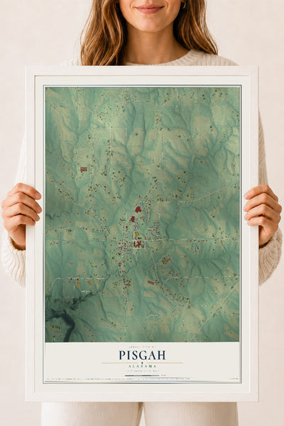 Map of Pisgah, Alabama, 18 x 24 inch print in a white wood frame