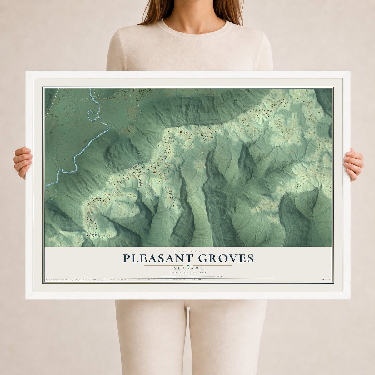 Map of Pleasant Groves, Alabama, 24 x 36 inch print in a white wood frame