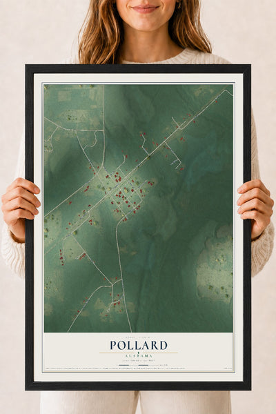 Map of Pollard, Alabama, 18 x 24 inch print in a black wood frame