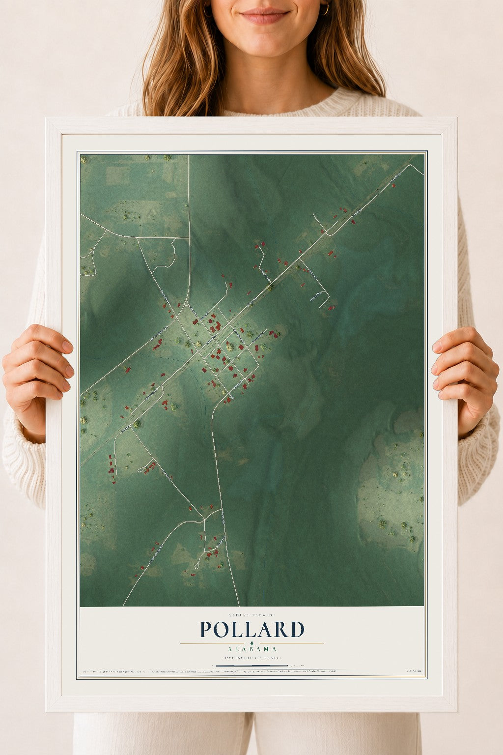 Map of Pollard, Alabama, 18 x 24 inch print in a white wood frame